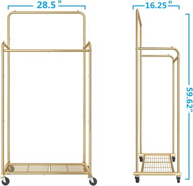 Clothes rack with double bar, sturdy clothes rack on wheels for hanging clothes, with 4 hooks, gold
