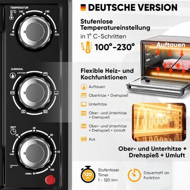 Міні-піч Stillstern CYCLONE PRO+ (25л) з конвекцією: піч-фритюрниця, гриль, тостер, піца, для кемпінгу, з антипригарним покриттям, рецепти, вертушка, 1500W