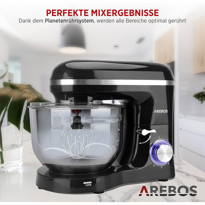 Arebos 1500W Stand Mixer with 6L Stainless Steel Bowl | Black | Includes Dough Hook, Whisk, Beater | Splash Guard | 6 Speed | Kitchen Mixer | Dough Machine