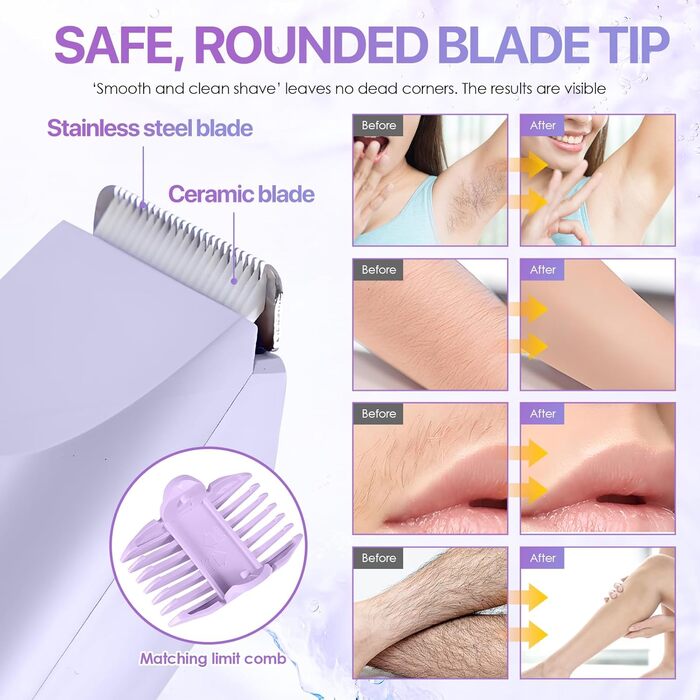 Триммер для бікіні RoserRose 2-в-1 для жінок з LED дисплеєм, водонепроникний (IPX7), Type-C зарядка, набір для догляду за інтимною зоною (фіолетовий)