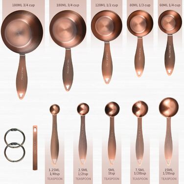 Measuring cup and spoon set, 5 stainless steel measuring cups and 5 measuring spoons, 1 measuring ingredient leveler, 1 magnetic conversion chart, and 2 rings (14 pieces)