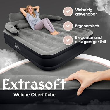 Надувне ліжко 3-в-1 | Гостьове та кемпінгове ліжко | Надувна матрац з електропомпою 150x200 | Самостійно надувна ліжко (2 особи, Чорний/Антрацит)