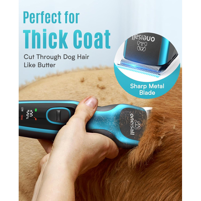 Професійна машинка для стрижки собак Oneisall для густого хутра, потужна та з металевою насадкою, бездротовий триммер для собак, Cockapoo, Пудель, блакитний