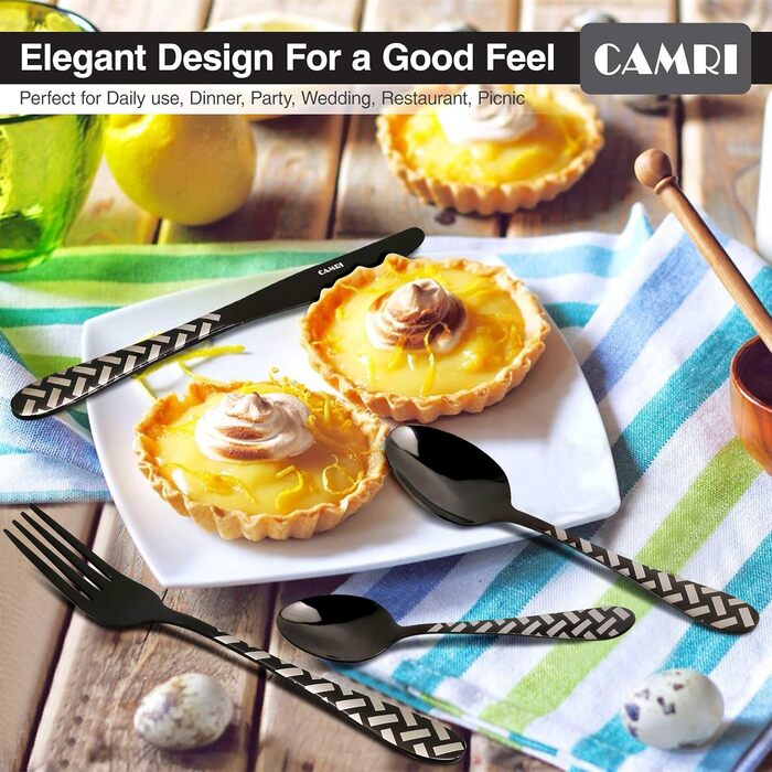 CAMRI Набір столових приборів – 16 предметів з нержавіючої сталі. Набір столових приборів, ножі, виделки, ложки. Комплект на 4 особи, придатний для миття в посудомийній машині. Кріз-чорний візерунок.