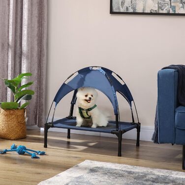 Підвищене собаче ліжко PawHut з балдахіном, для собак, вулиця, дихаючий матеріал, тафта, кемпінг, темно-синій, 61 x 46 x 62 см