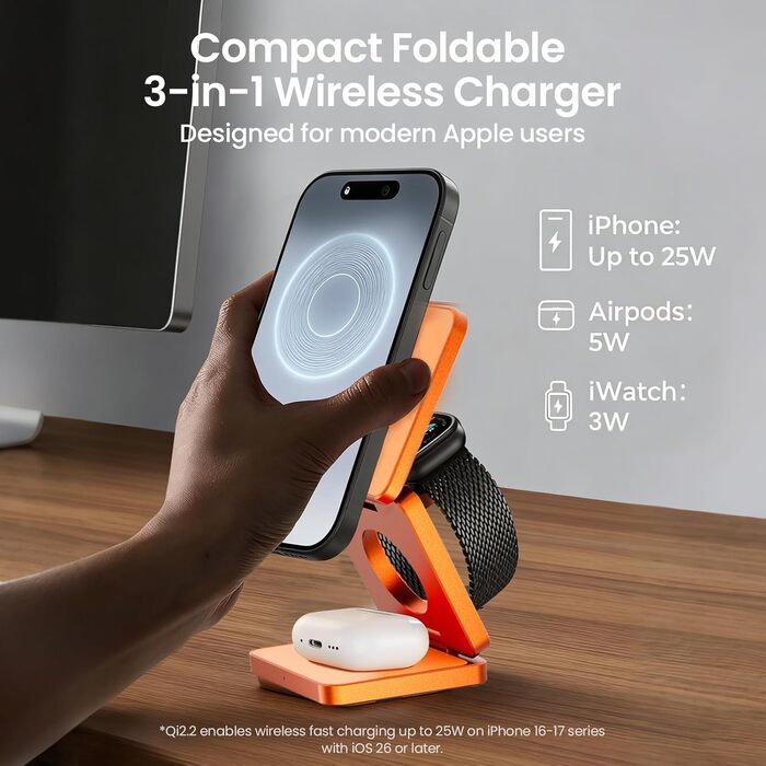 MagSafe зарядна станція 3-в-1: бездротовий зарядний пристрій 25W для iPhone 12-17, Apple Watch, AirPods (Qi, складна, помаранчева)