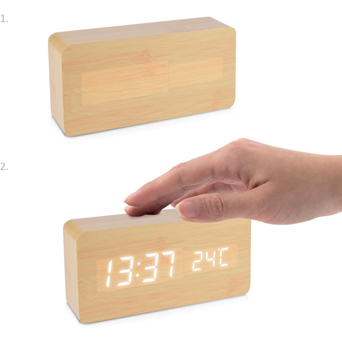 kwmobile Wooden-Look Digital Alarm Clock - Digital Clock with Time, Temperature, and Date Display - Alarm Clock with USB Cable in Birch with White LEDs