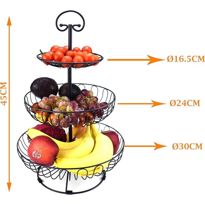 Металевий кошик для фруктів та овочів з ручкою для кухні/балкону, 3 яруси, великий, з нержавіючої сталі, з 360° циркуляцією повітря (чорний, 45 см висота, Ø30-24-16.5 см)