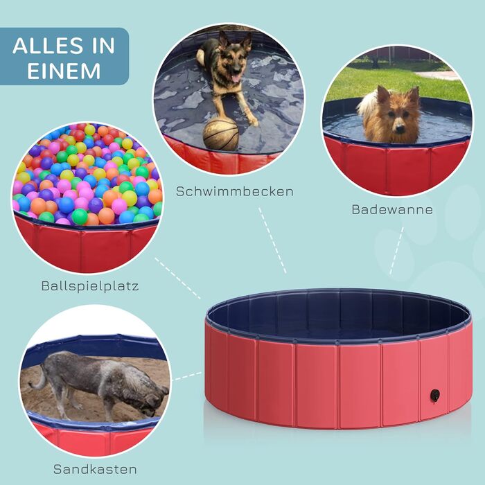 PawHut Dog Bath Tub Dog Pool Bathtub Swimming Pool Water Pool for Dogs 120 x 30 cm (Red+dark blue, 100L x 100W x 30H cm)
