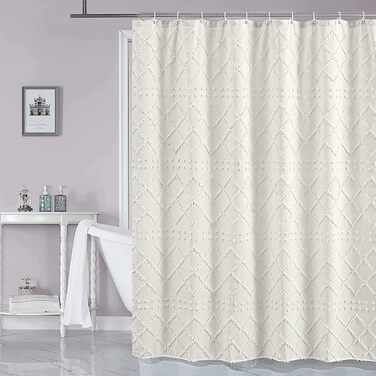 Штора для душу Boho-стиль, біла, 183x183 см, з 12 гачками, геометричний дизайн, для ванної кімнати