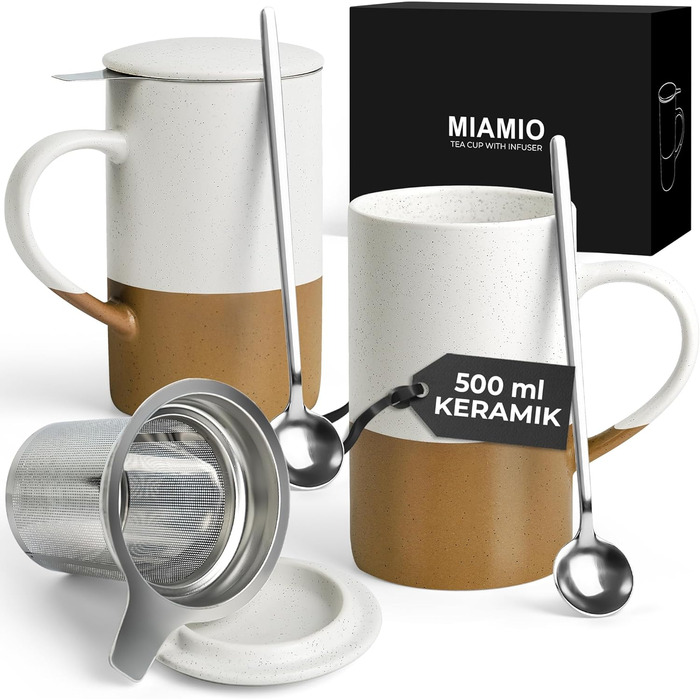 Набір чайних чашок Miamio 2 x 500 мл з кришкою та ситом, керамічні чашки з чайним ситечком та ложкою для заварювання листового чаю, подарунок для жінок, підходить для мікрохвильової печі та посудомийної машини (колір: коричневий)