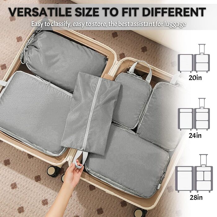 Набір органайзерів для валізи 8 шт., компресійні пакети для подорожей, сірий колір