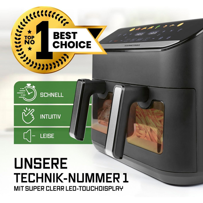 Фритюрниця повітряна Gourmetmaxx AirGenius 9 л з 2 відсіками | 8 програм | Мульти-кухня для 8 осіб | Сенсорний дисплей