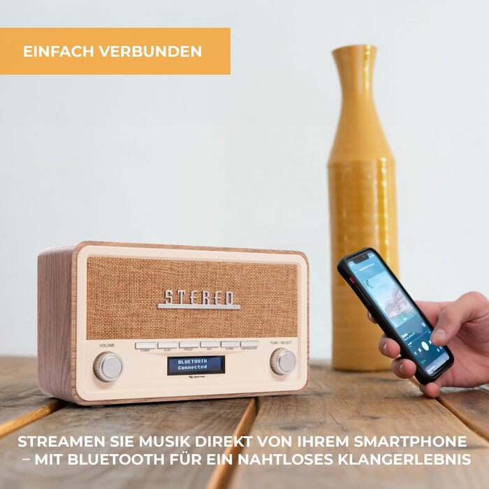 Denver Retro DAB-18: Цифрове радіо DAB+ з Bluetooth, FM та LCD-дисплеєм | 2x20W стерео | Радіо для кухні з будильником