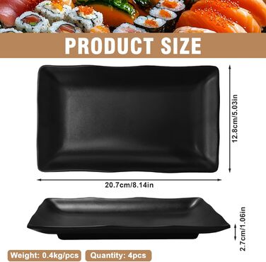 Teller Teller Rechteckig: чорний порцеляновий сервіровочний тарілка для закусок, десертів, суші, тортів, салатів, фруктів, антипасті та гарнірів (W5408-4)