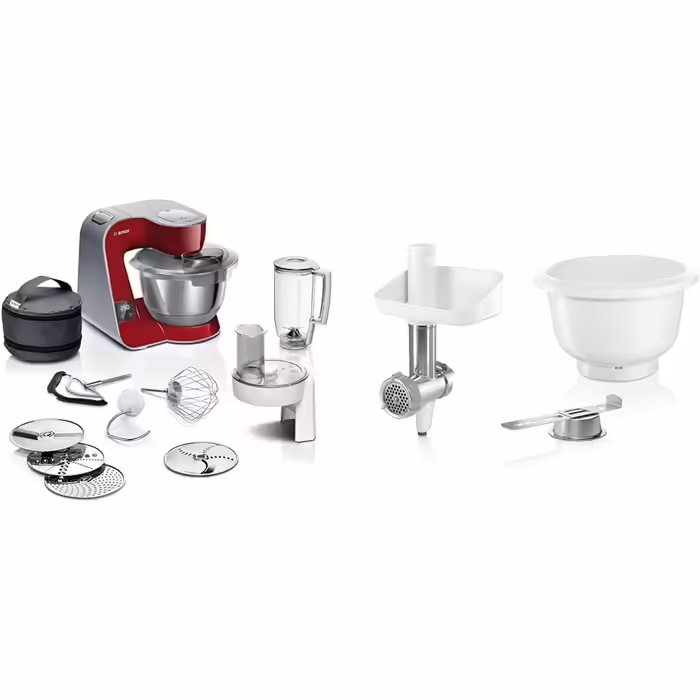 Кухонний комбайн Bosch Serie 4 MUM5X720 з вагою, м’ясорубкою, комплект BakingSensation, пластикова чаша, темно-червоний/сріблястий