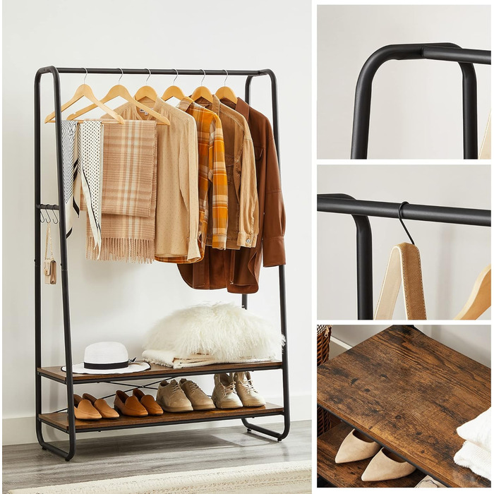 VASAGLE Clothes Rack, Coat Rack, Coat Stand, with 2 Shelves, 6 S-Shaped Hooks, Steel Frame, for Bedroom, Hallway, Entrance Area, Vintage Brown-Black RGR112B01