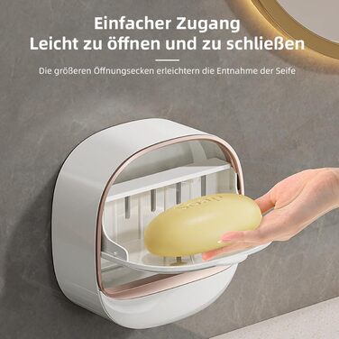 Настінний диспенсер для мила з кришкою-відкидним механізмом, піддон для стікання води, водонепроникний мильниця без свердління, самоклеюча мильниця для ванної, кухні, душу, школи, спортзали (білий)