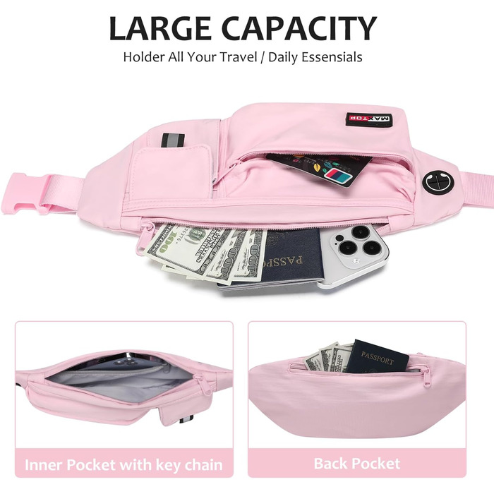 MAXTOP Поясна сумка на пояс для чоловіків та жінок, спортивна, водонепроникна, для подорожей, фітнесу, йоги, рожева (нейлон)