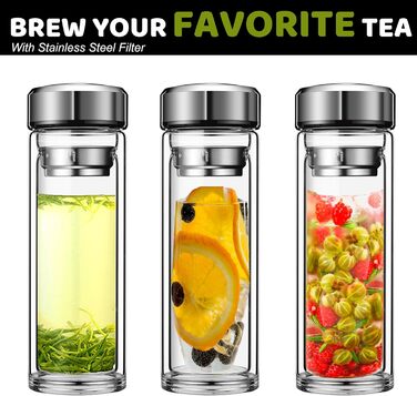 Double-walled glass tea bottle, 1 liter, with 2-in-1 stainless steel strainer for on-the-go use. 1000ml large volume, tea bottle 100% leak-proof, 1 l (350ml single serve).