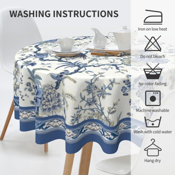 Кругла скатертина Giwawa Chinoiserie 152 см, синьо-біла, з квітами та птахами, порцеляновий орнамент, східний стиль, термостійка, багаторазова, для кухні та їдальні
