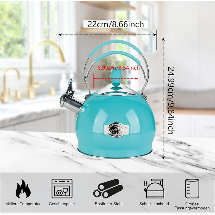 Кришка-свисток з нержавіючої сталі 2.6 л, сумісна з усіма плитами, включаючи індукційну (блакитна)