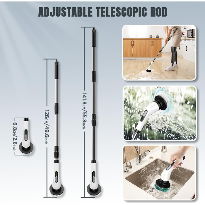 Electric Cleaning Brush, Temodu 7-in-1 Electric Spin Scrubber, Shower Cleaning Brush with Adjustable, 7 Interchangeable Drill Brush Heads for Bathroom/Glass/Tiles/Floor/Car