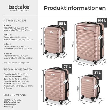 Набір валіз Tectake® 4 шт. з ABS-пластику, рожевого кольору, з колесами, телескопічним ручками та замками, включає ваговою та аксесуарами для валіз (S-M-L-XL)