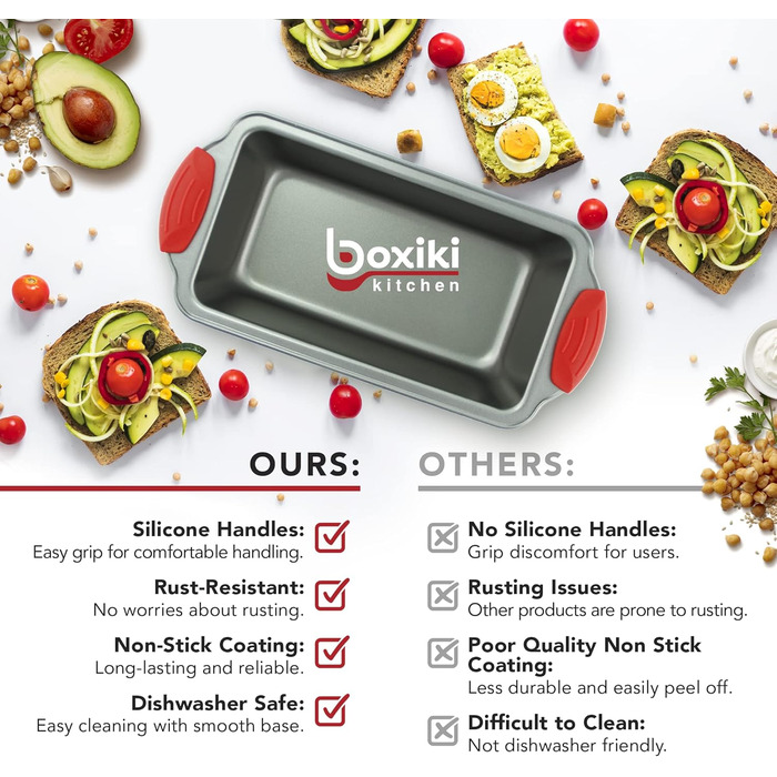 Loaf Pan - Premium Non-Stick Loaf Pan Made of Steel by Boxiki Kitchen | Professional Non-Stick Baking Pan for Baking Banana Bread, Meatloaf, and Pound Cake | 21.5 x 11.5 cm, with Red Silicone Grips