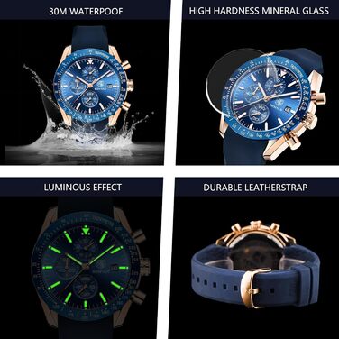 Годинник чоловічий Benyar кварцовий хронограф з датою, водостійкий 30M, спортивний, шкіряний, блакитний (з гумовим ремінком)