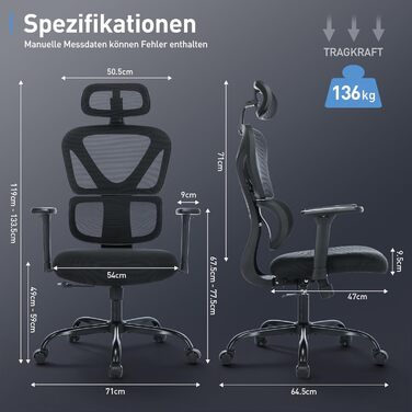 Коламі - Ергономічне крісло для офісу та дому, чорне, з регульованою підголівником та підлокітниками