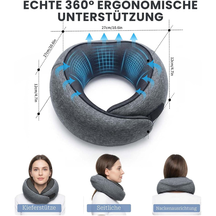 Подушка для подорожей з капюшоном, Memory Foam, темно-сіра. Підтримка шиї для літака, авто та дому