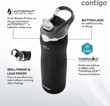 Contigo Ashland Chill Autospout Stainless Steel Water Bottle with Straw, Leak-Proof, Insulated Bottle for Sports, Biking, Hiking, 590 ml, (Matte Black)