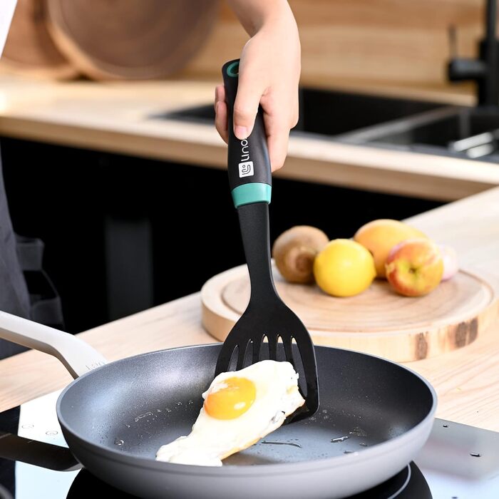 Linoroso Cooking Spoon Set - 6-Piece Nylon Kitchen Utensils - Cooking Utensils, Cookware, Cooking Utensils Set with Swivel Stand and Innovative Weighted Handle - Black & Peacock Green