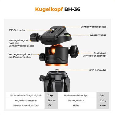 Штатив K&F Concept S255A3+BH-36, 190 см: для камер Canon, Nikon, Sony, смартфонів, відеокамер. Алюмінієвий штатив для фото- та відеозйомки