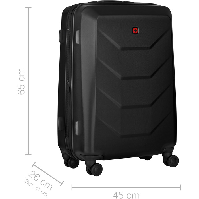 WENGER Prymo Medium Hard Shell Suitcase with 4 Wheels, Trolley, Medium Size, 59 (67) L, Security Lock, Women's/Men's, Travel/Vacation, Black, 612537
