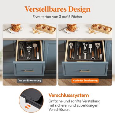 Органайзер для столових приборів Lifewit в шухляду, розширюваний 38-57 см, чорний, пластик, 28-44.5 x 35 x 4 см