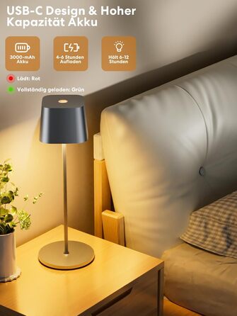 Акумуляторна настільна лампа LED бездротова з USB-C, 3 кольори світла (3000-6000K), диммується, водонепроникна IP54, алюмінієва (Сіра)