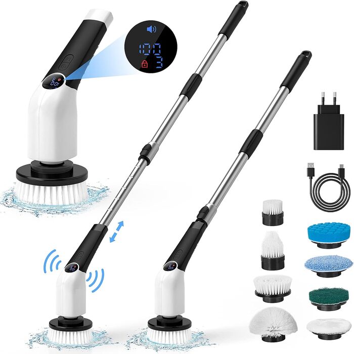 Coovee Electric Cleaning Brush, 2024 New Voice Prompt Spin Scrubber with 8 Drill Brush Heads, THREE Adjustable Speeds, Extendable to 137cm Handle for Bathroom Kitchen Car Floor