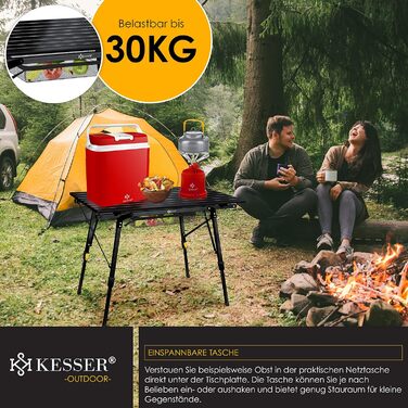 Кемпінговий стіл KESSER® розкладний з алюмінієвим каркасом, регулювання висоти, 90 x 53 см, до 30 кг, з сумкою та сітчастою кишенею, чорний