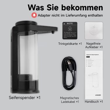 AIKE Automatic Soap Dispenser with Infrared Sensor 500ml, Black Wall-Mounted Automatic Soap Dispenser with USB Charging Function