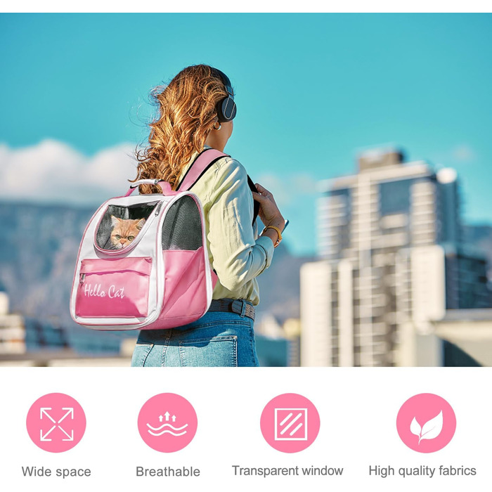 Рюкзак для тварин з сіткою, складаний рюкзак для кота/собаки з мискою для подорожей, водонепроникний оксфорд, об'єм до 15 кг (Рожевий)