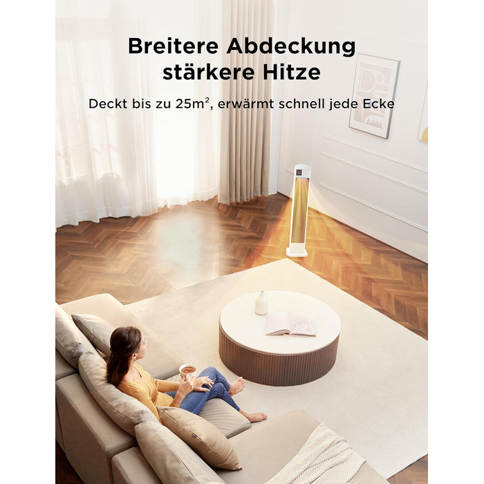 Midea NTH20-22GR(WH) Heater - Energy-Saving, Quiet with Remote Control, PTC 2000 Watt Ceramic Heater with Thermostat, 2 Heat Settings, 24H Timer, ECO Mode, for Large Rooms, 75° Oscillation, 76.5CM