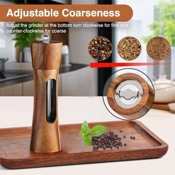 Дерев'яна мельниця для солі та перцю з підставкою, ручна, з регульованим керамічним жорном, 20 см