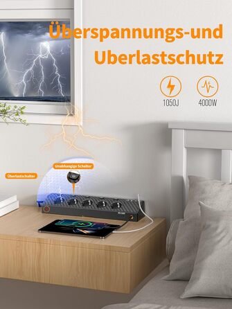 Мережевий адаптер Passus 5-фазний з 2 USB-C (PD 30W), захист від перенапруги, індивідуальне вмикання, 10-в-1, кабель 2м, чорний