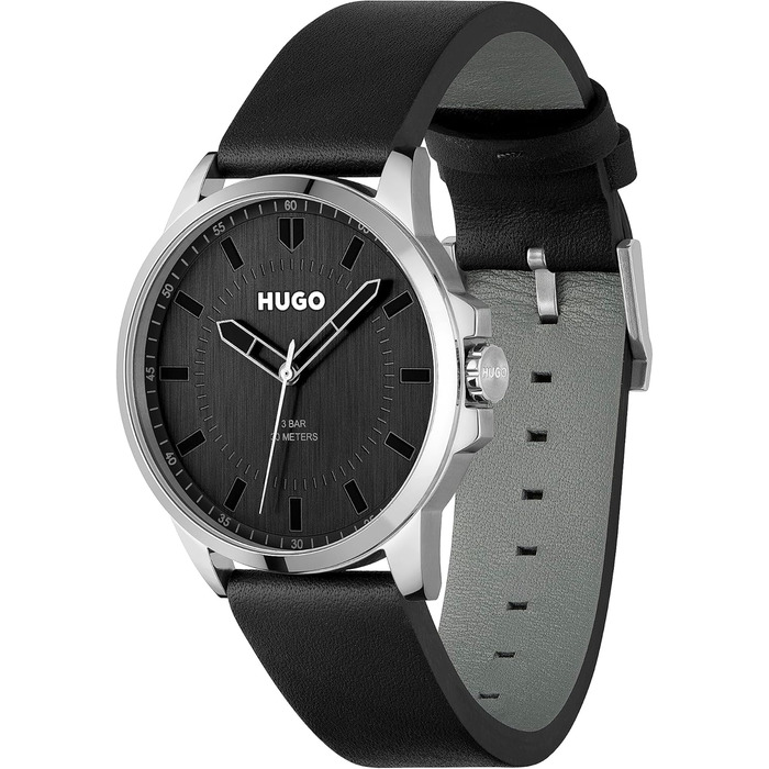 HUGO Analogowy Zegarek Męski #First-Kollektion - Stal nierdzewna lub skórzany pasek (Czarny, Skóra)