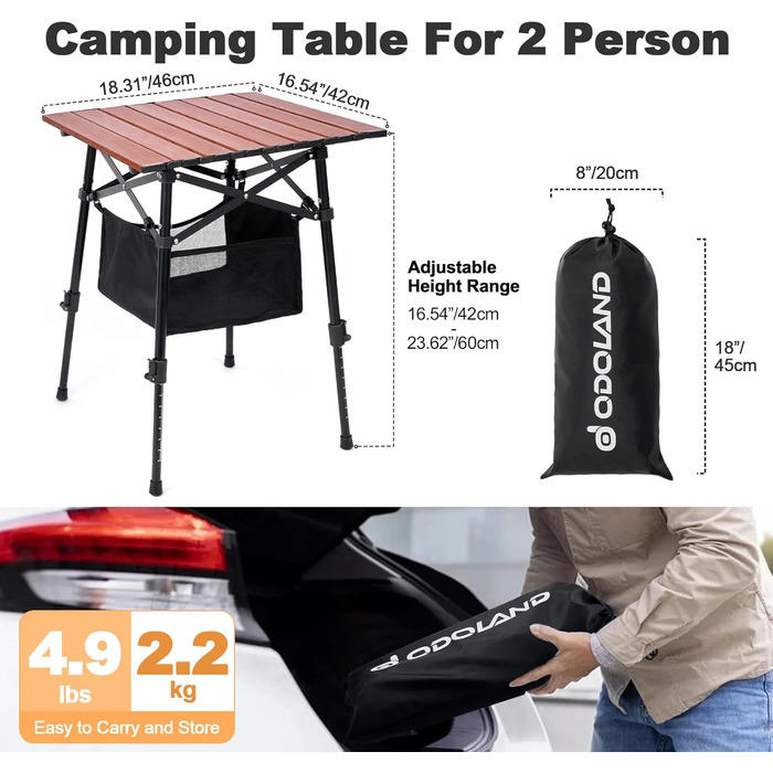 Складний алюмінієвий стіл для кемпінгу Odoland з регульованою висотою та сумкою для зберігання 46x42x42-60 см