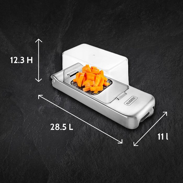 Подрібнювач для овочів Alligator 3094 з нержавіючої сталі - 3 насадки (3x3, 6x6, 12x12 мм) - з контейнером, BPA-free