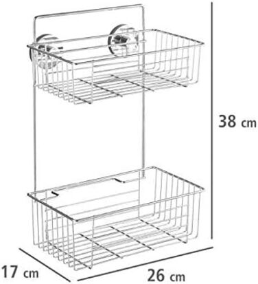 WENKO Vacuum-Loc 2-Tier Shelf, Bari, Wall Shelf for Bathroom and Kitchen, Drilling-Free Mounting with Vacuum, Chrome-Plated Metal, 26 x 38 x 17 cm