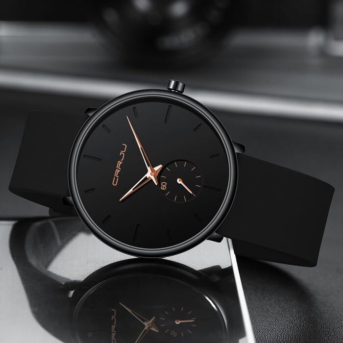 Годинник чоловічий CRRJU з силіконовим ремінцем, ультратонкий, водостійкий, мінімалістичний, спортивний, кварцовий (чорний рожевий, чорний)